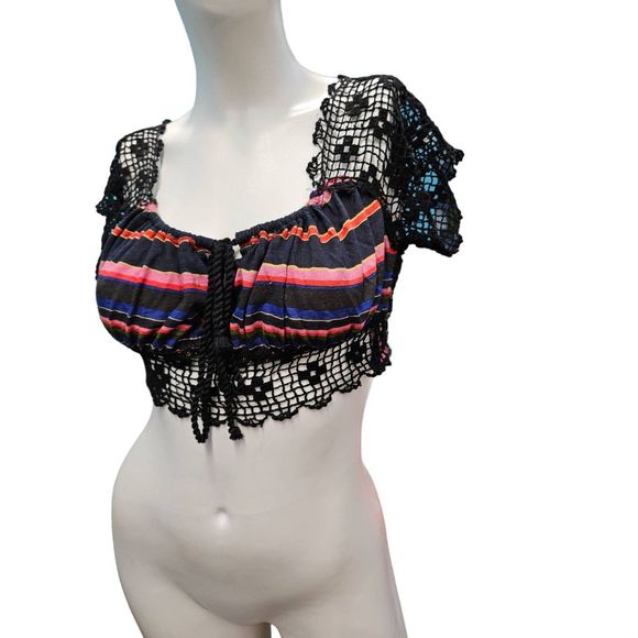 Free People Black Crochet Striped Crop Top Small - Picture 4 of 8